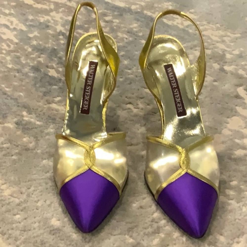 Walter Steiger satin and lucite purple and gold sling backs